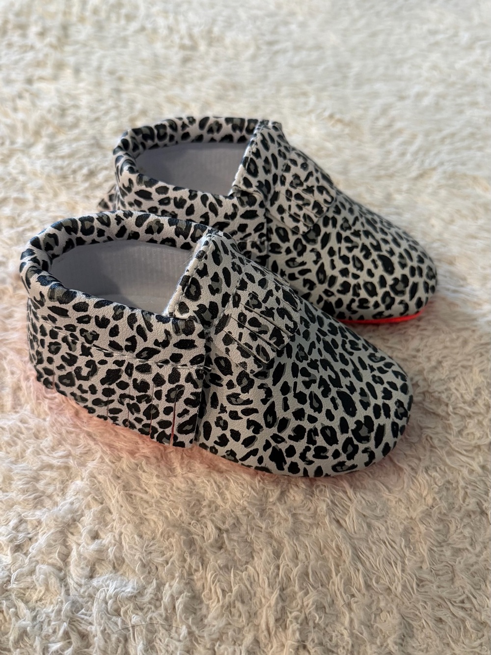 Leopard Print Baby Moccasins - Black & White - Soft Slip-On Walker Shoes
